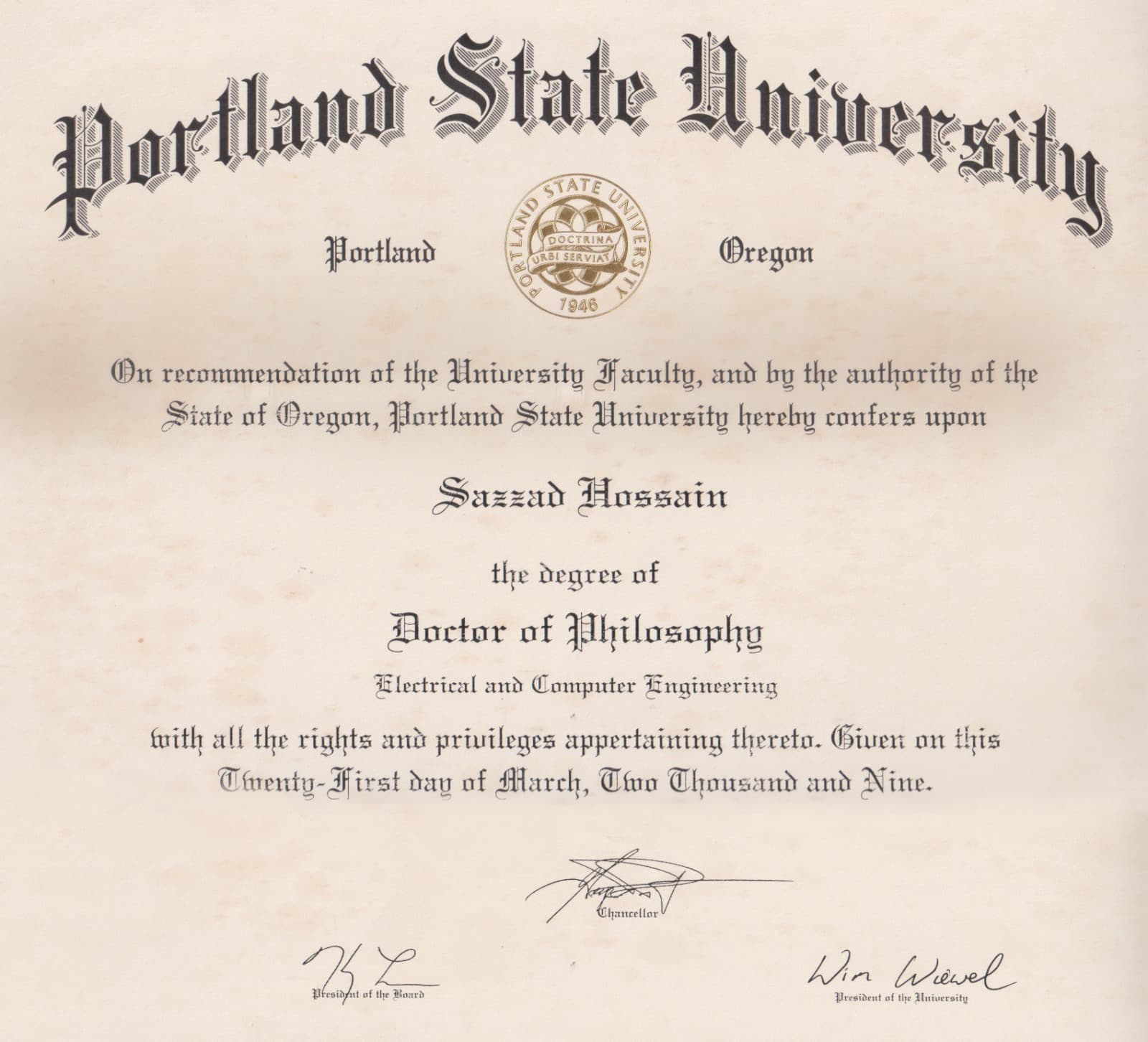 Dr. Hossain's PhD Certificate