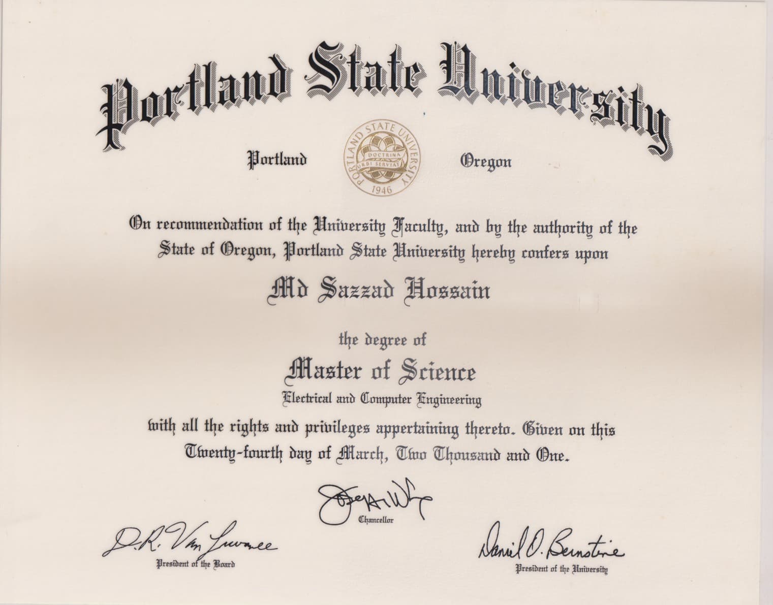 Dr. Hossain's Master's Certificate