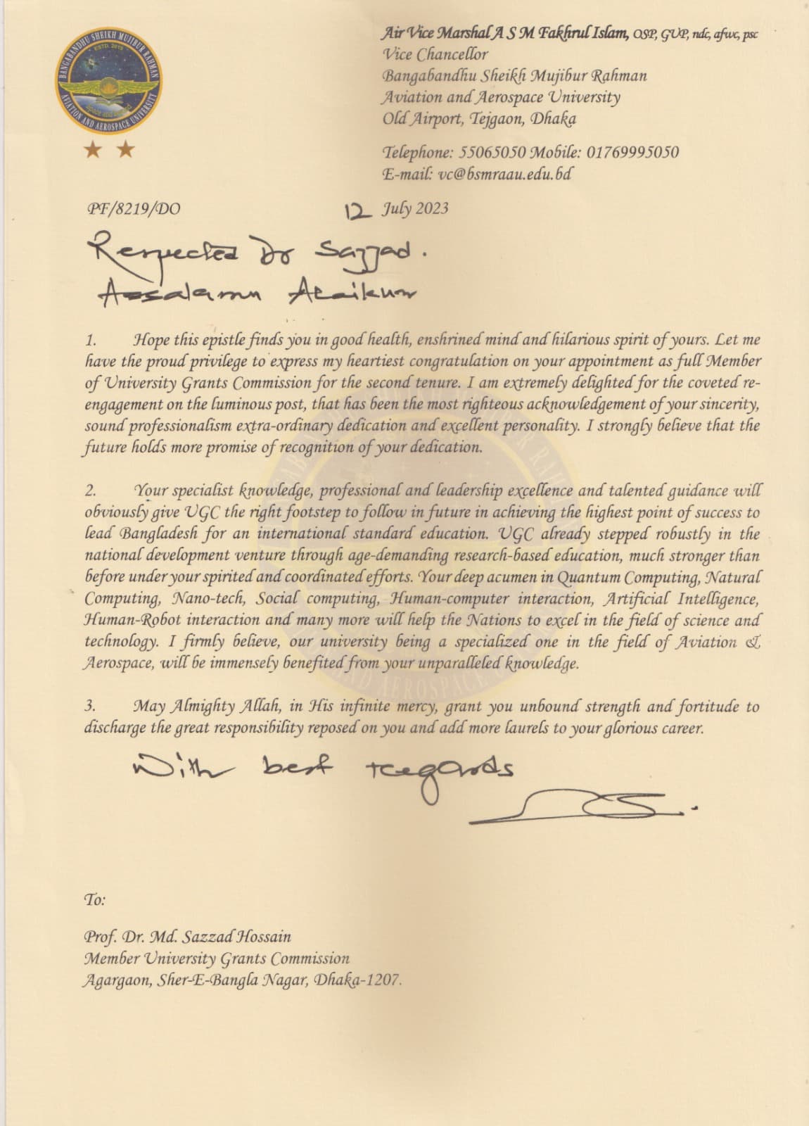 Dr. Hossain's UGC Appointment Letter